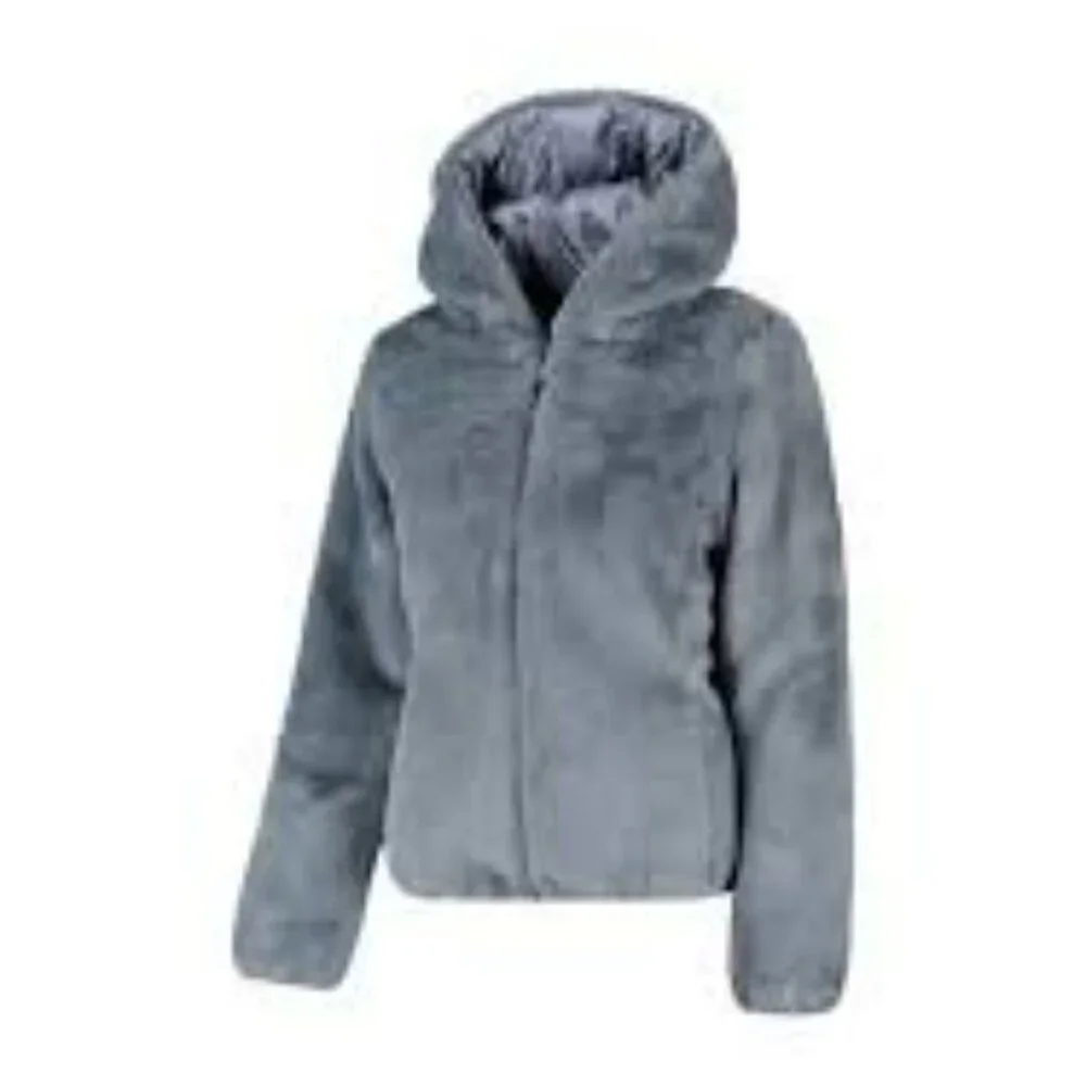SAVE THE DUCK reversible Faux Fur Puffer Jacket hood- Grayish blue Laila - Picture 15 of 15